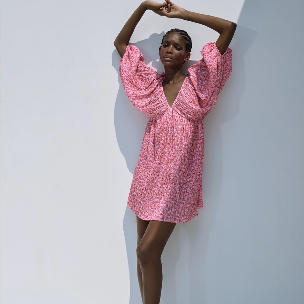 Zara printed pleated dress pink